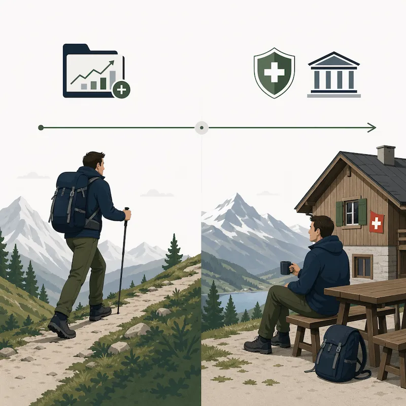Zweiphasige Timeline-Illustration: Portfoliophase vor 65 und AHV- plus BVG-Phase ab 65 — 4%-Regel für FIRE Schweiz.