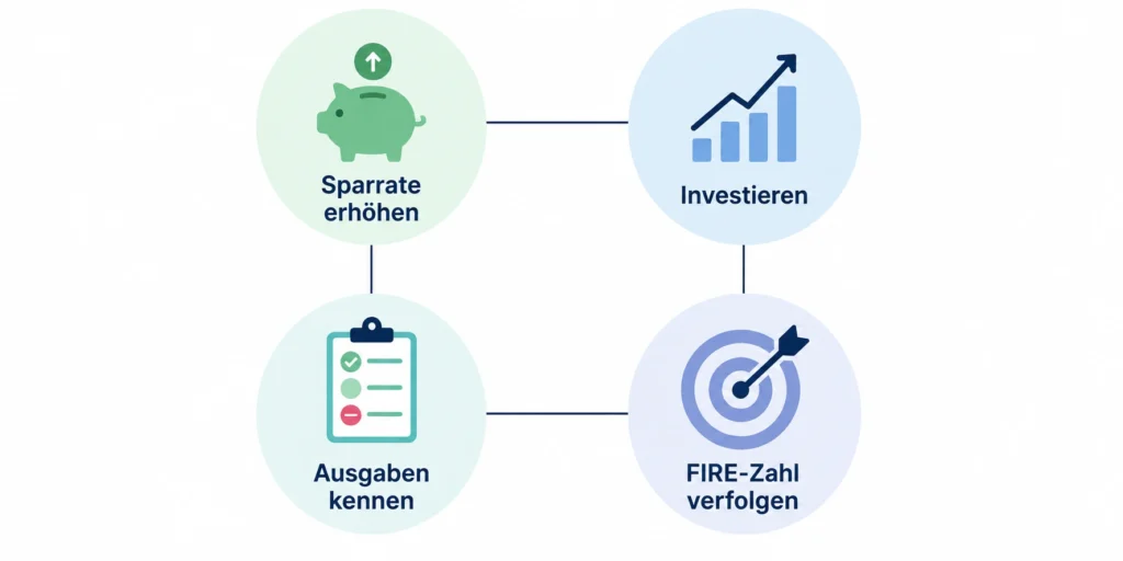 Illustration der 4 FIRE-Grundprinzipien: Sparrate erhöhen, Investieren, Ausgaben kennen, FIRE-Zahl verfolgen