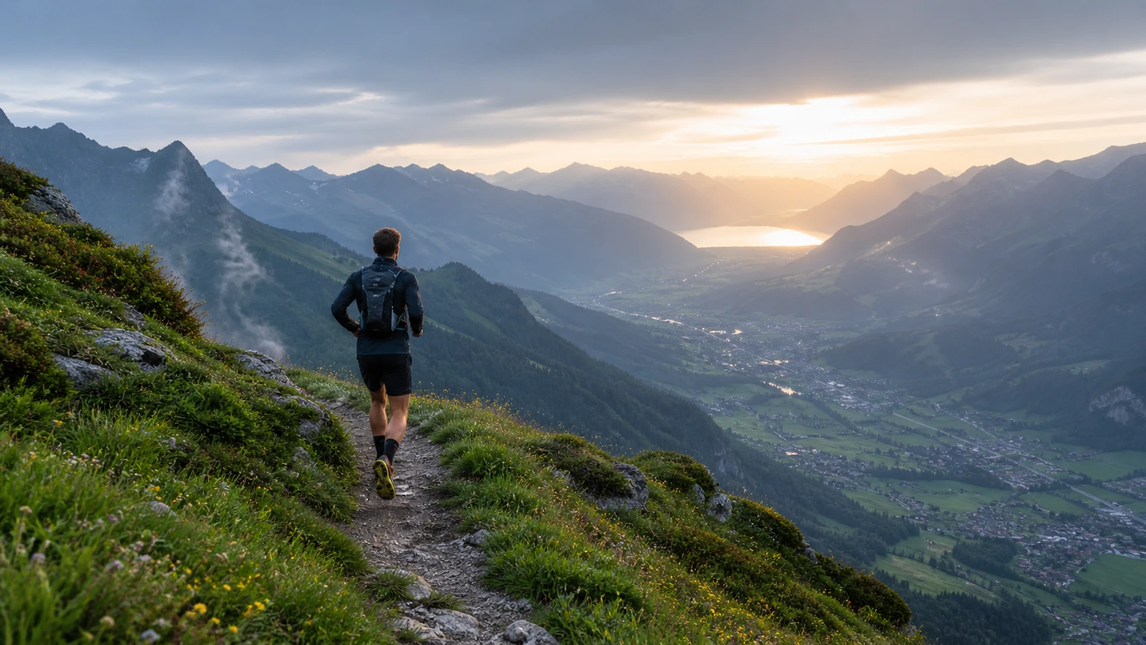 Trail-Runner auf Schweizer Bergpfad im Morgengrauen, Sinnbild für die FIRE-Bewegung und finanzielle Freiheit