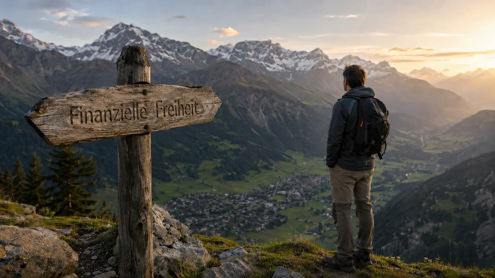 Wanderer an Schweizer Bergpanorama — Symbol für finanzielle Unabhängigkeit und FIRE in der Schweiz
