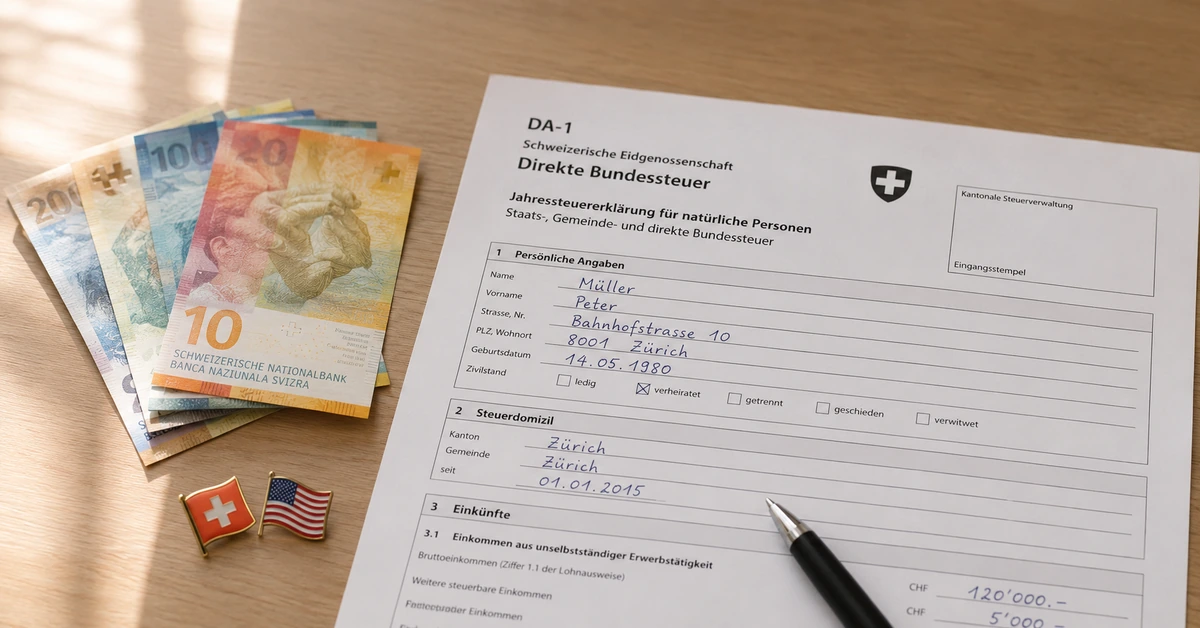Quellensteuer Schweiz — DA-1 Formular mit Swiss Franc Banknoten und Schweizer sowie US-Flaggenpins auf Holztisch