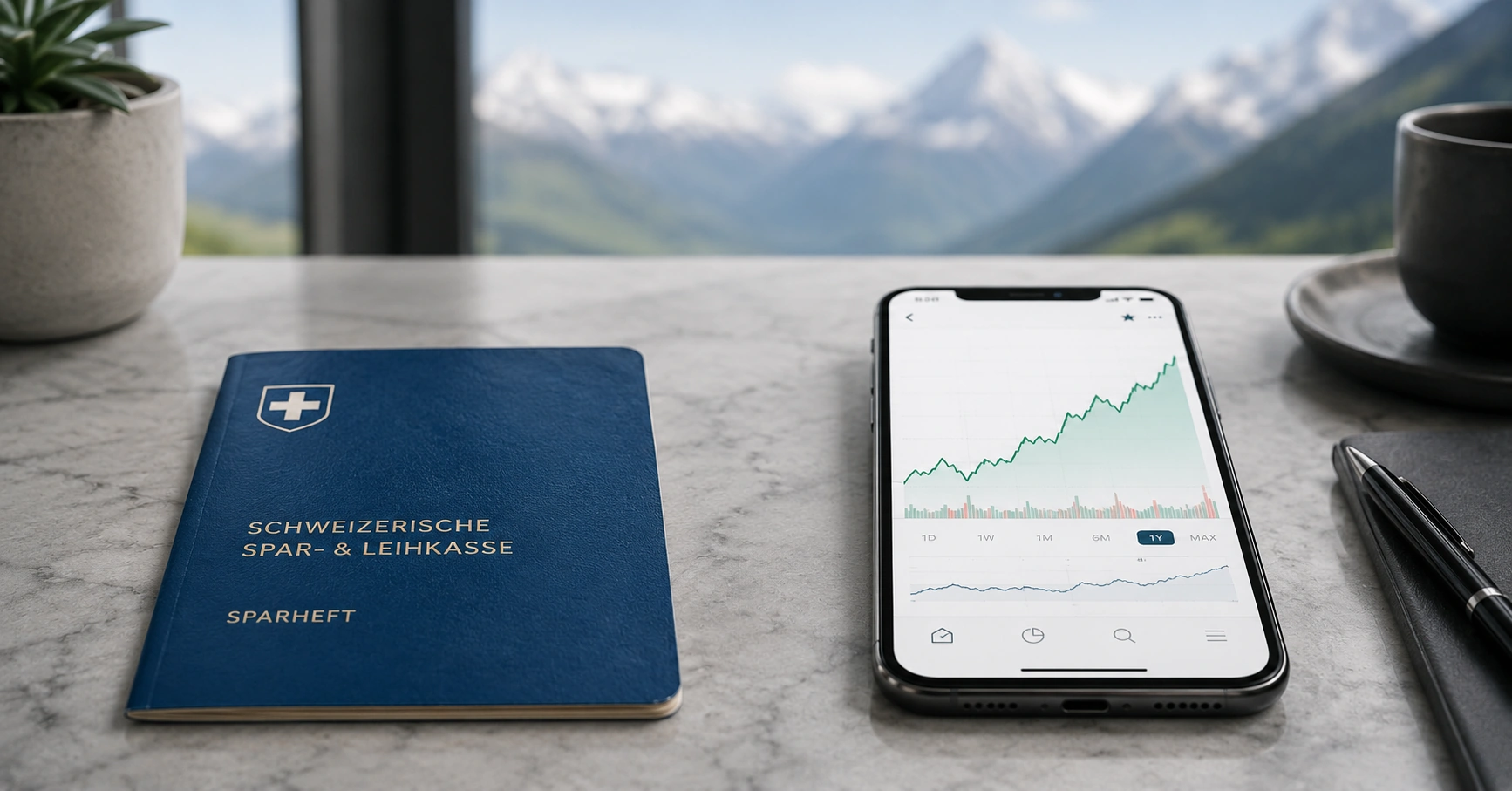 Säule 3a Aktien oder Bonds — Sparbuch links vs. Smartphone mit ETF-Chart rechts, Schweizer Alpen im Hintergrund