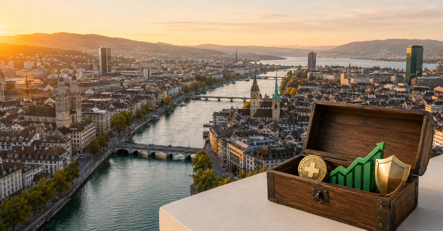 Schweizer Steuern für Vermögensaufbau — Zürich Finanzplatz bei Goldstunde mit symbolischem Werkzeugkasten für alle Steuerinstrumente