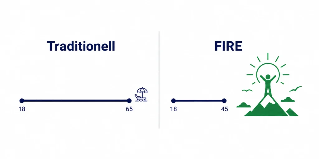 Infografik: Traditionelle Karriere bis 65 im Vergleich zu FIRE mit Ruhestand ab 40–50 Jahren, Schweizer Farbgebung