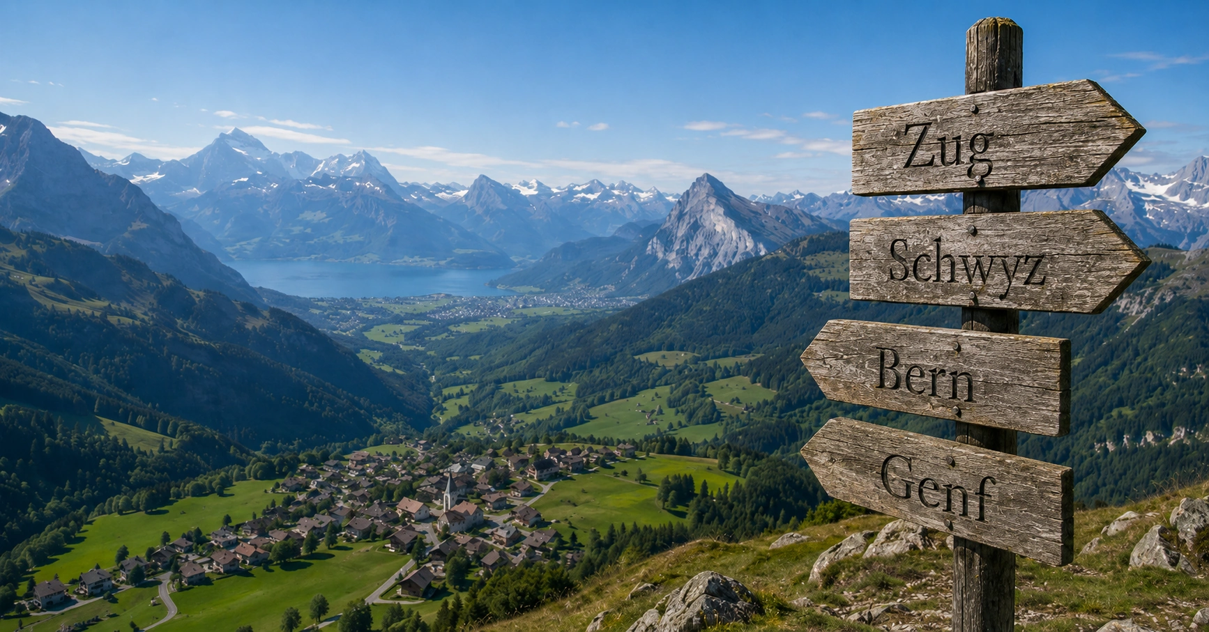 Vermögenssteuer Schweiz minimieren — Schweizer Alpen mit Wegweiser zu Kantonen Zug, Schwyz, Bern und Genf