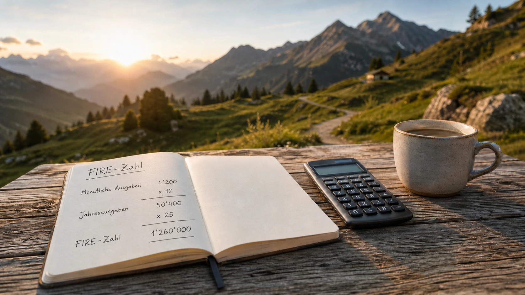 Notizbuch mit FIRE-Zahl Berechnung, Taschenrechner und Kaffee auf Holztisch mit Schweizer Alpen im Hintergrund