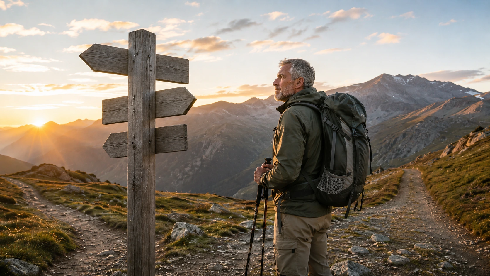 Wanderer an Bergweggabelung in den Schweizer Alpen — Symbol für die Frühpensionierung mit AHV, BVG und Unfallversicherung