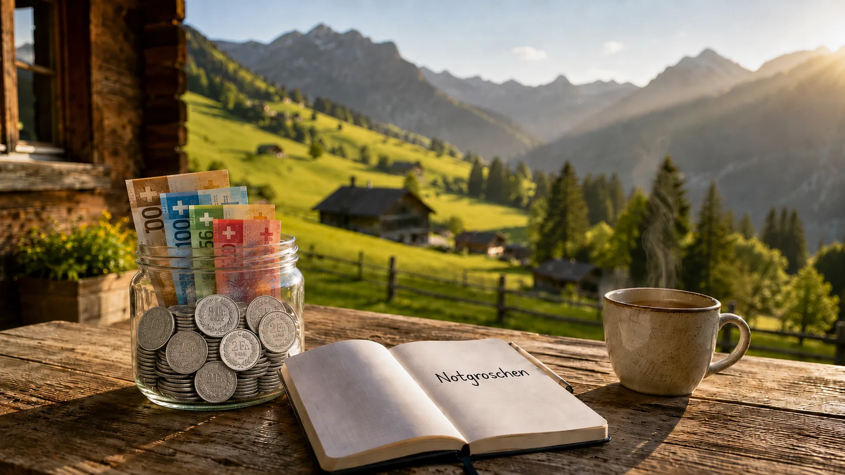 Geldglas mit CHF Münzen und Notizbuch mit Aufschrift Notgroschen auf Holztisch mit Schweizer Alpenlandschaft