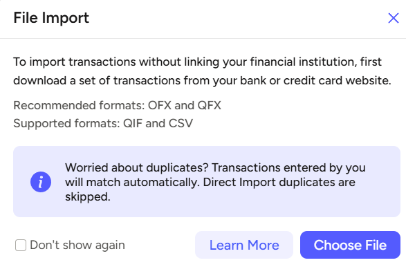 YNAB File-Import-Dialog für Kontoauszüge im OFX-, QFX-, QIF- oder CSV-Format