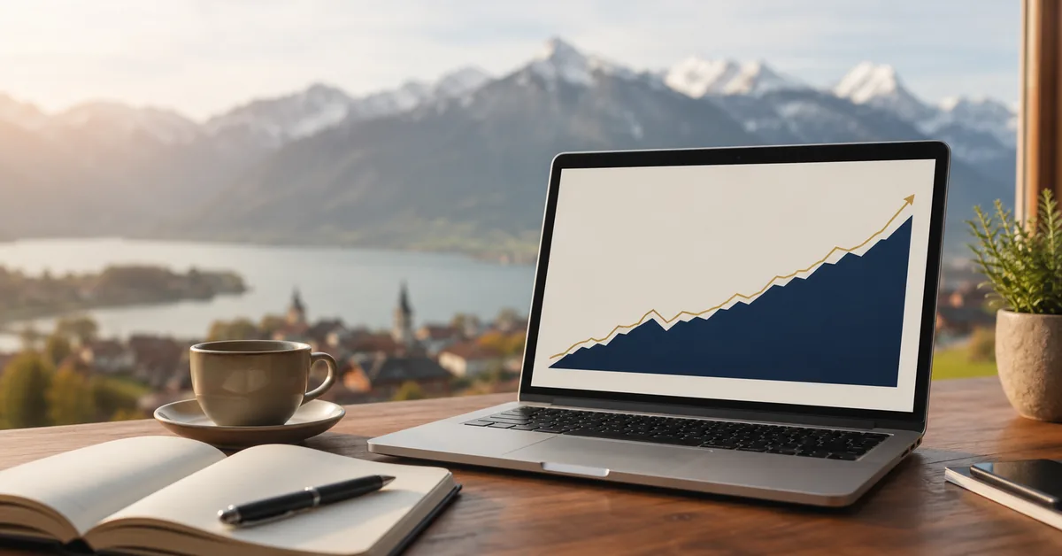 Laptop mit Nettovermögens-Chart auf Holztisch, Schweizer Alpenlandschaft im Hintergrund