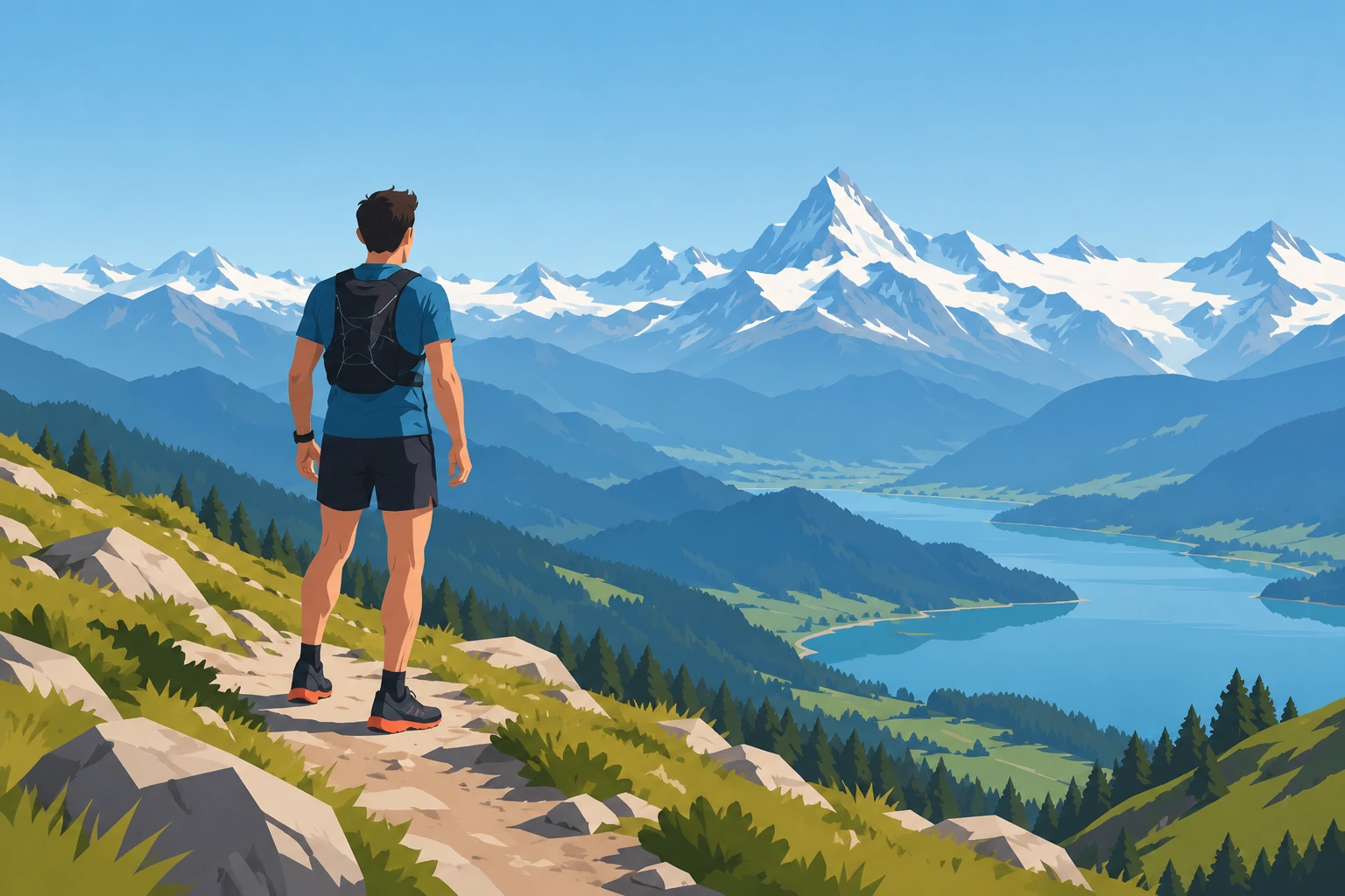 Illustration: Trailrunner von hinten auf einem Bergweg mit Blick auf Alpengipfel und einen Schweizer See