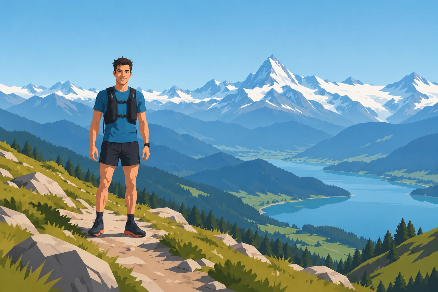 Illustrierter Avatar des Trail-Investors, Autor von SwissWealthTrail, auf einem Bergweg über einem Schweizer See